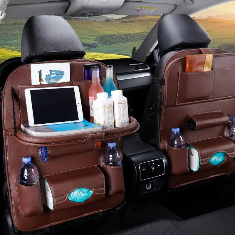 Black PU leather car seat tray table with organizer and kick mat