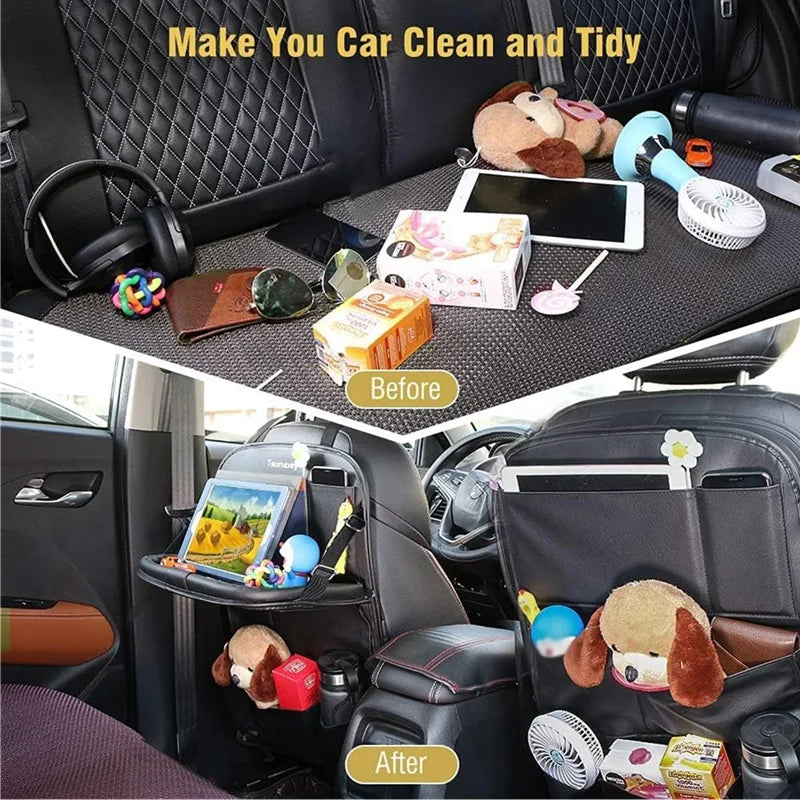 Coffee color PU leather car seat tray table with organizer