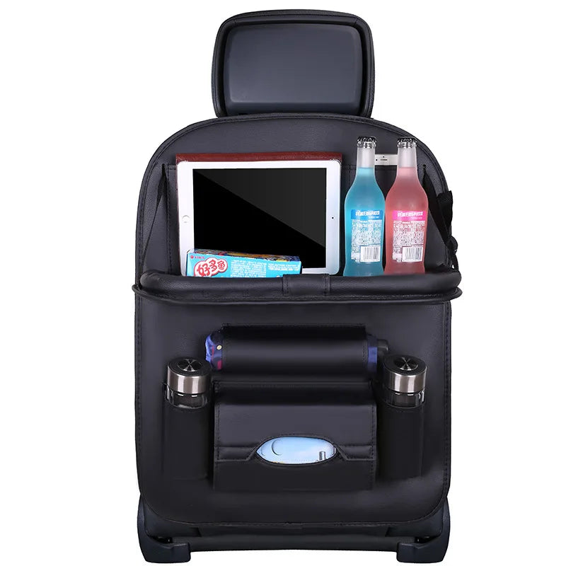 Complete car seat tray table package with organizer and kick mat