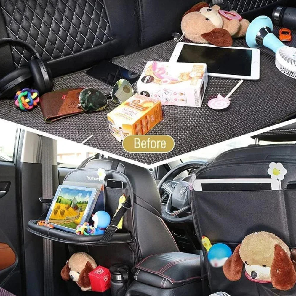 Extended car seat tray table showing full functionality and storage capacity