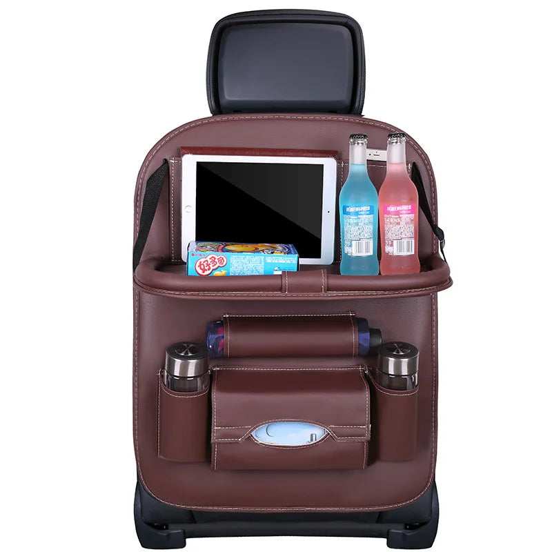 Car seat tray table installed in vehicle showing practical storage use