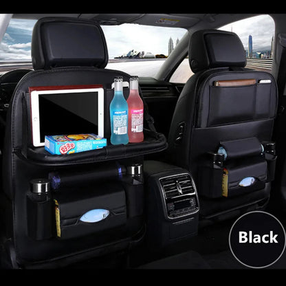 Black foldable car seat tray table with PU leather organizer and kick mat