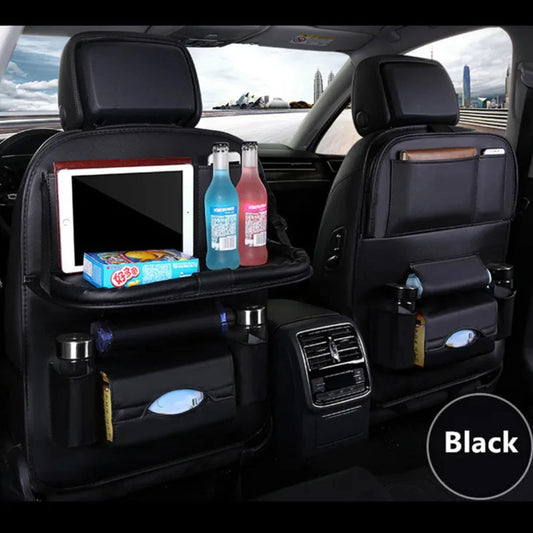 Black foldable car seat tray table with PU leather organizer and kick mat