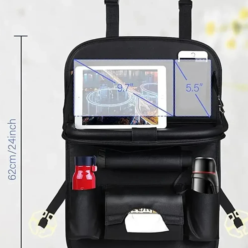 Multiple organizer compartments for storage on car seat tray table