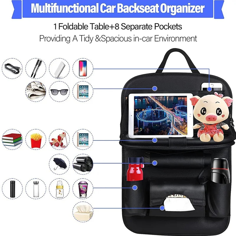 Storage pockets and compartments on car seat tray table organizer