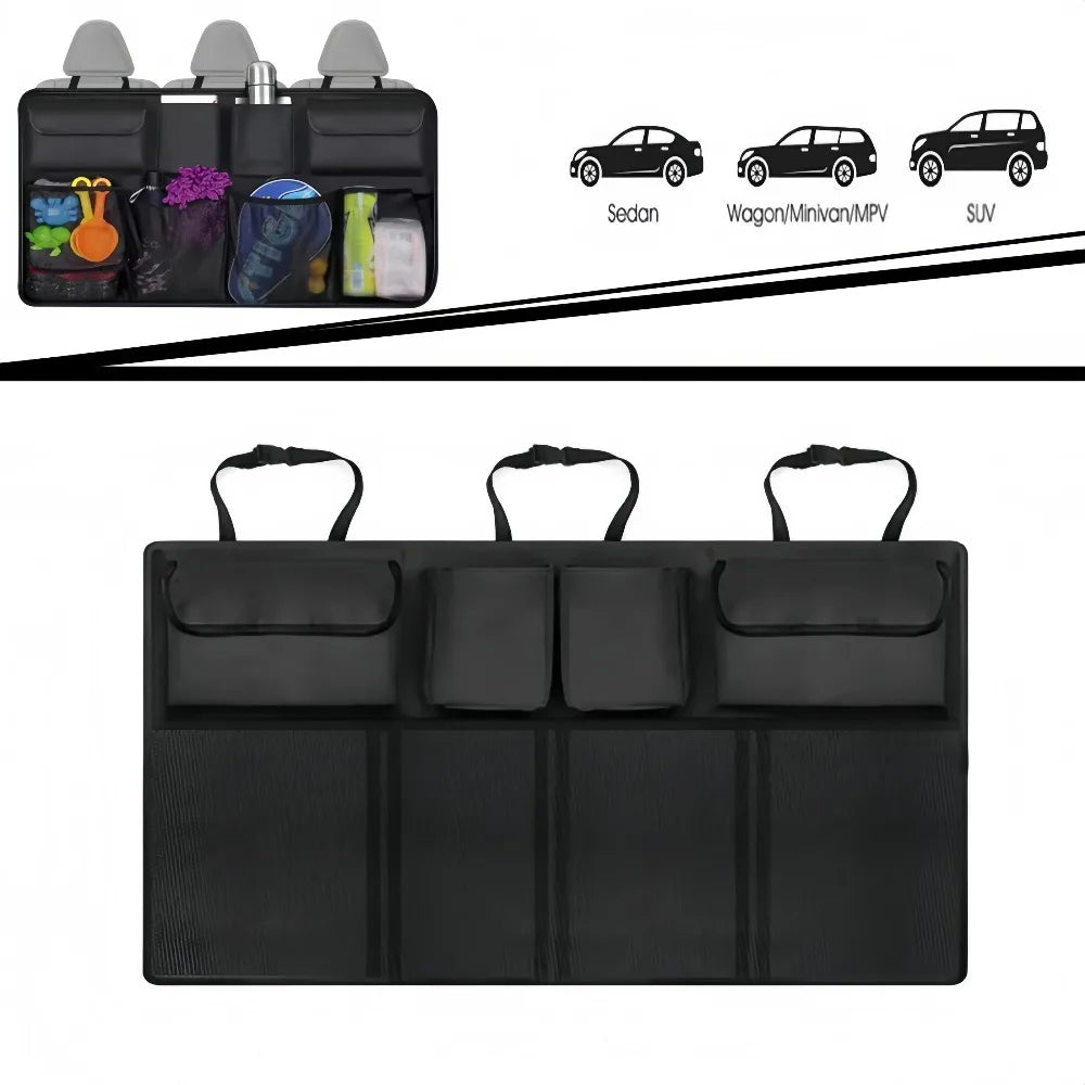 Car hanging storage bag shown compatible with sedans, wagons, minivans, and SUVs