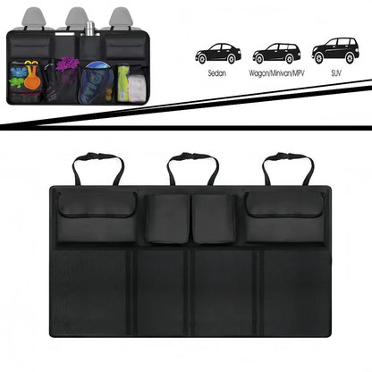 Car hanging storage bag shown compatible with sedans, wagons, minivans, and SUVs