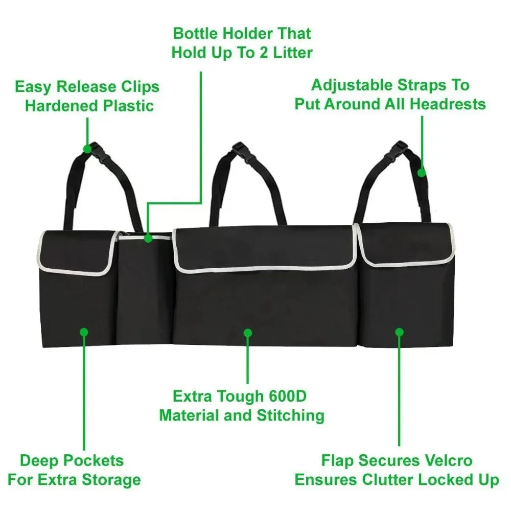 Hanging car storage bag features: bottle holder, clips, straps, and pockets