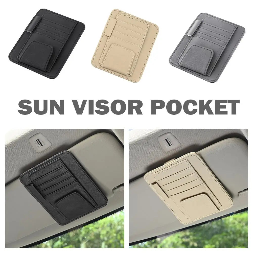 Front display of multi-pocket leather sun visor organizer