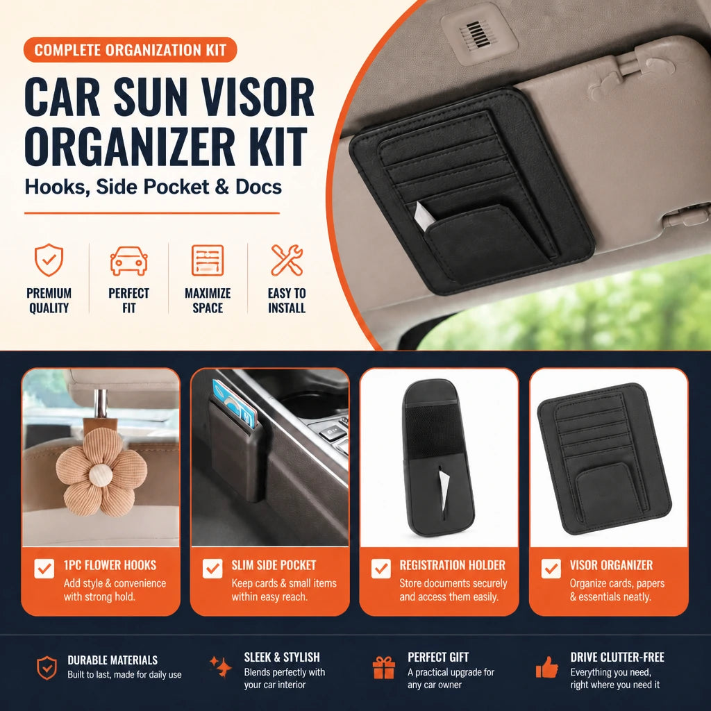 Car Sun Visor Organizer Kit – Hooks, Side Pocket & Docs