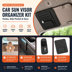 Car Sun Visor Organizer Kit – Commuter Hooks, Side Pocket and Docs