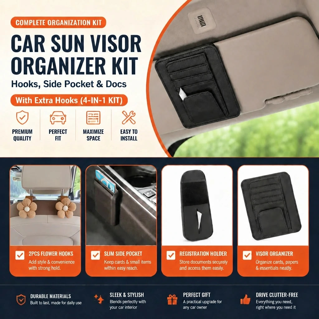 Car Sun Visor Organizer Kit – Hooks, Side Pocket & Docs