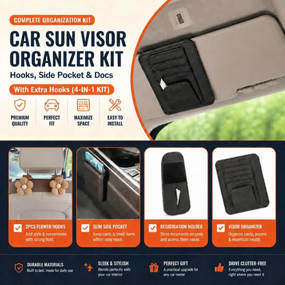 Car Sun Visor Organizer Kit – Hooks, Side Pocket & Docs
