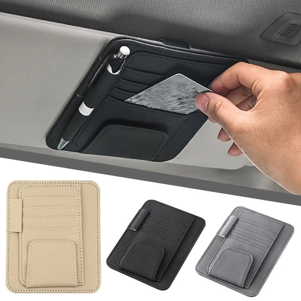 Car sun visor organizer multi-pocket leather for cards sunglasses