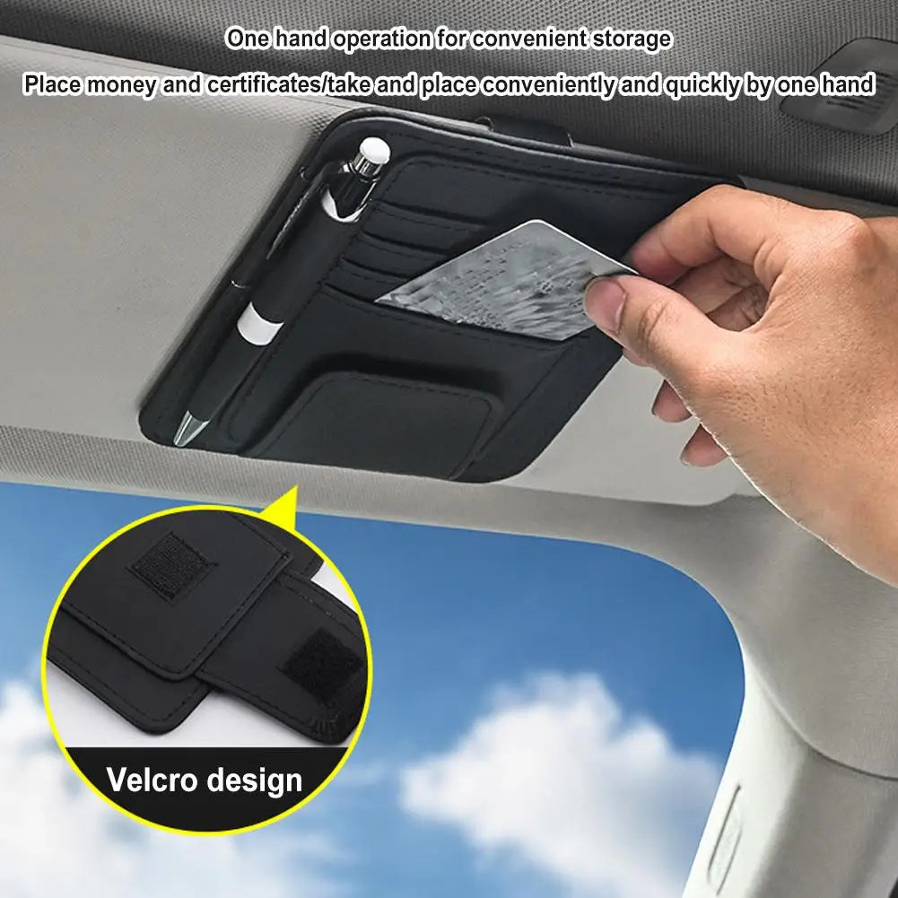 Side profile of car sun visor organizer with leather pockets