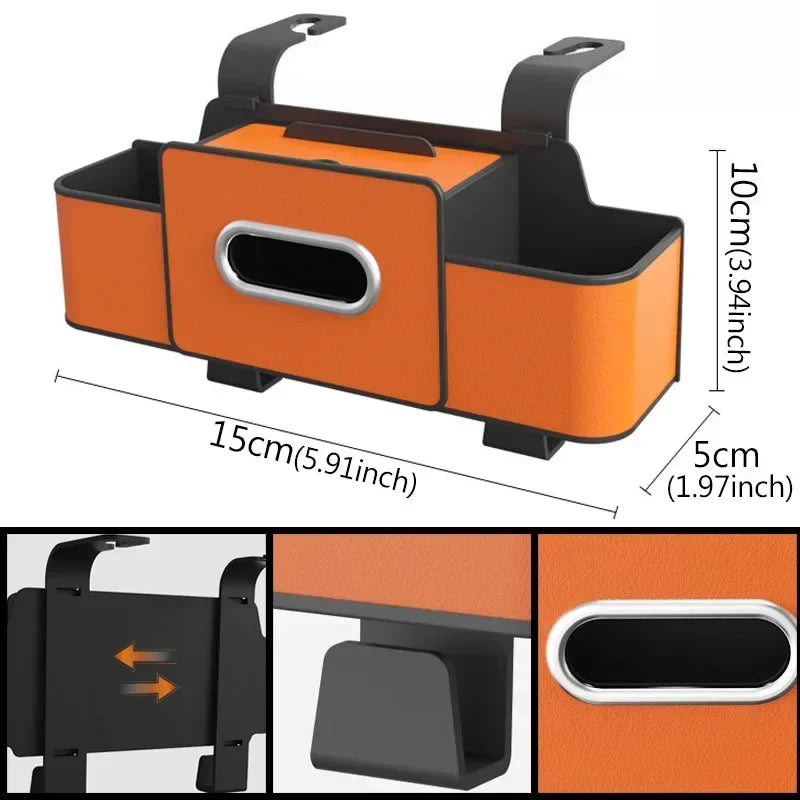 Cup holder feature on car tissue box holder seat back organizer