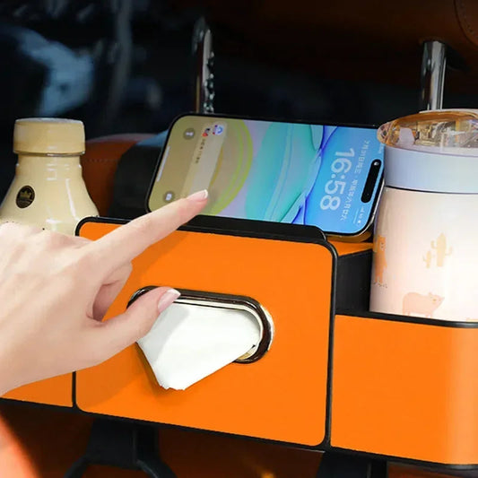 Front display of car tissue box holder showing storage compartment design