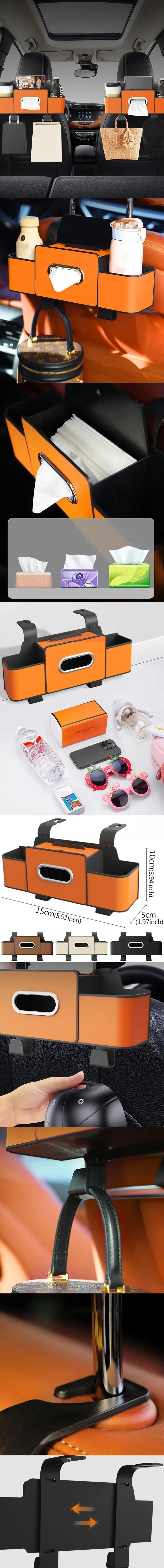 Installation guide showing how to attach tissue box holder to car seat