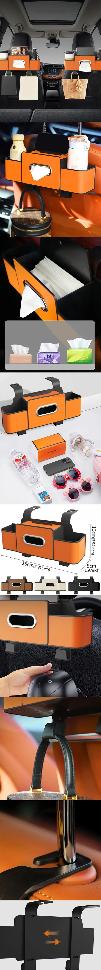 Installation guide showing how to attach tissue box holder to car seat
