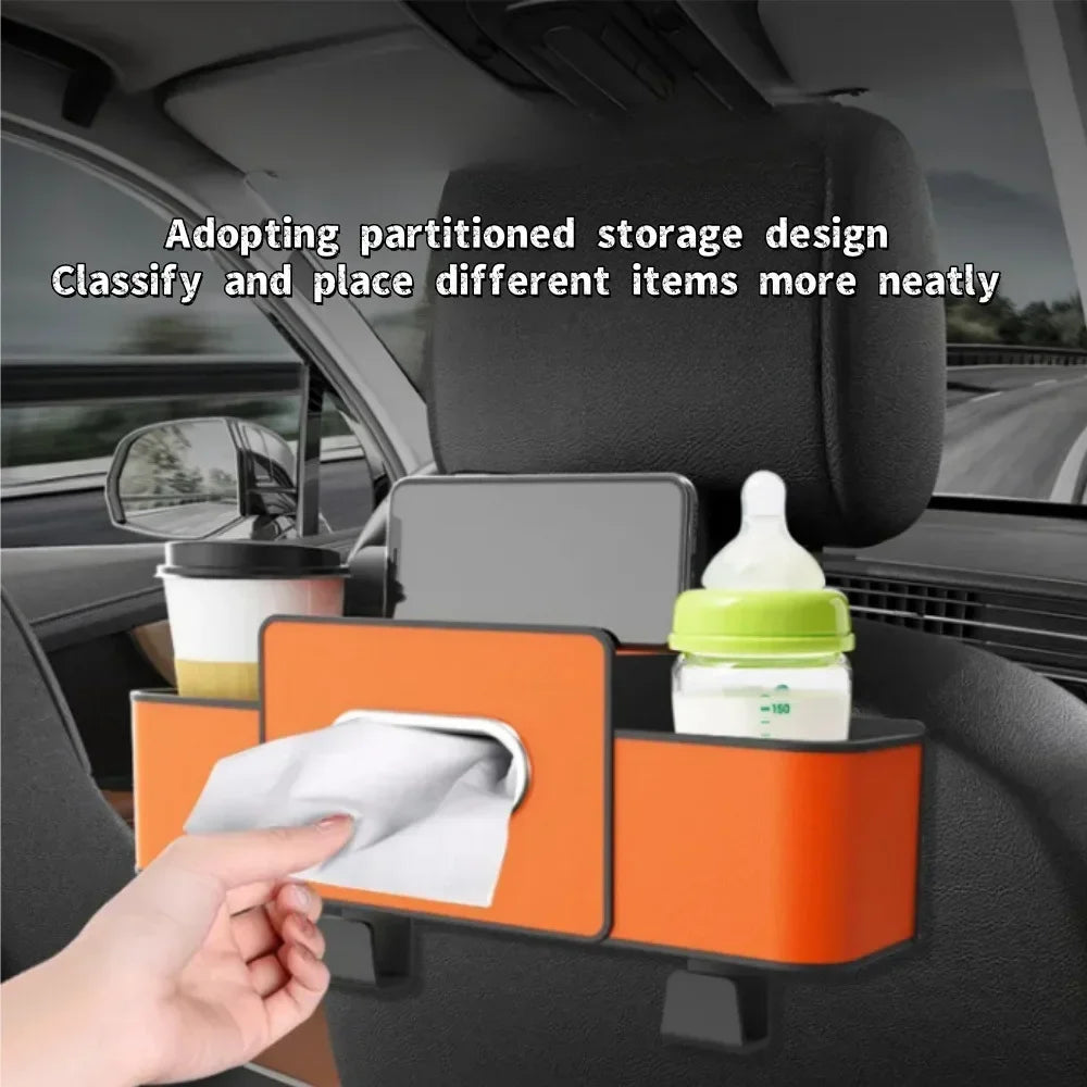 Black car tissue box holder with seat back organizer cup holder and hook