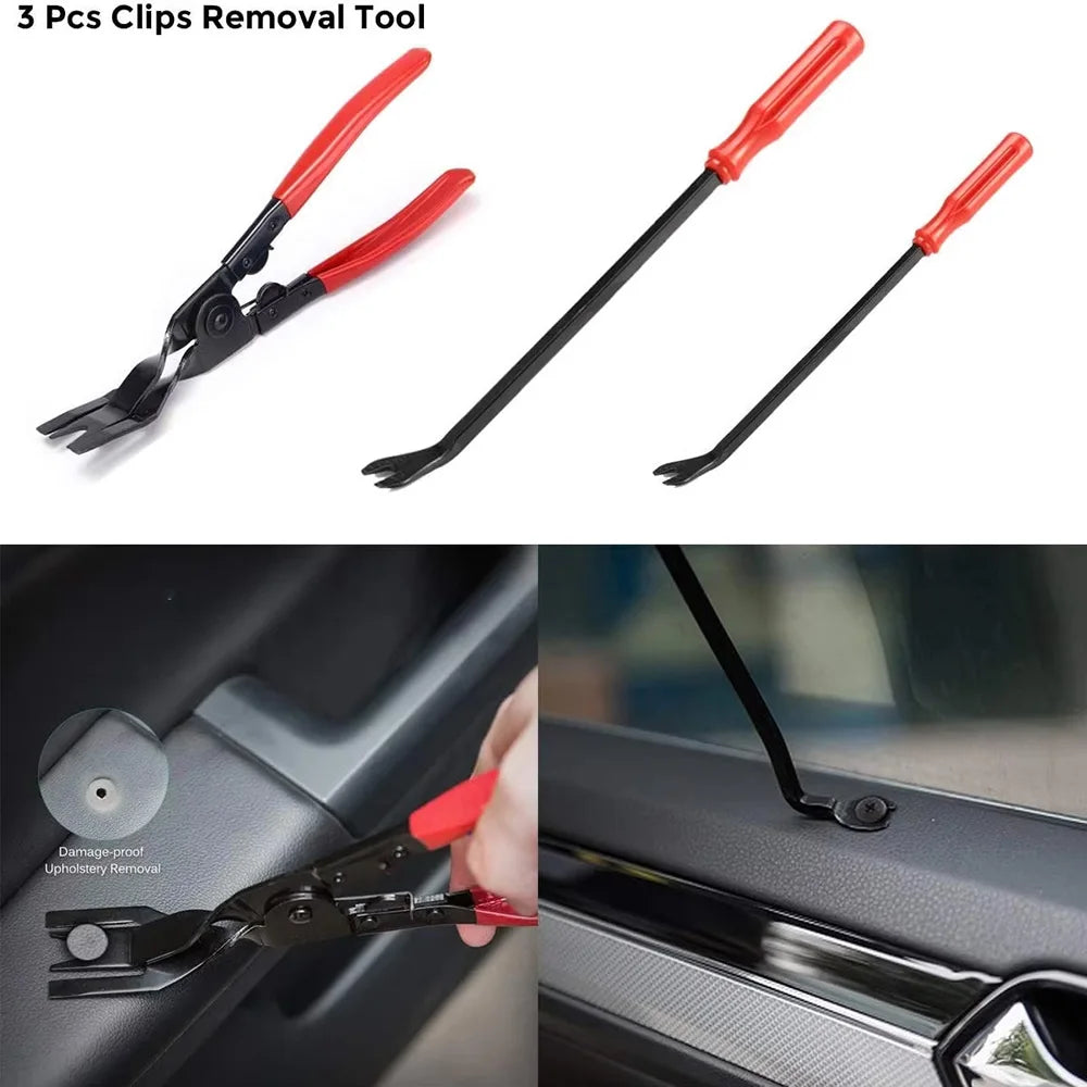 3-piece red clip removal tool set: pliers and two pry bars with car trim usage shots