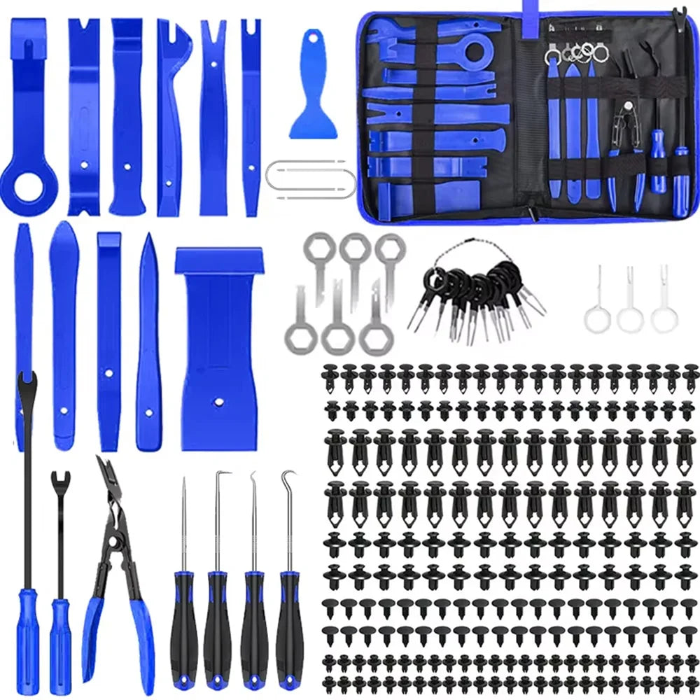 Blue complete car trim removal kit contents flat lay: pry tools, picks, pliers, clips, terminals