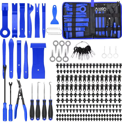 Blue complete car trim removal kit contents flat lay: pry tools, picks, pliers, clips, terminals