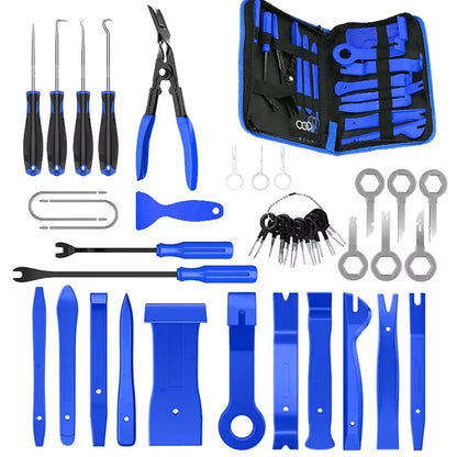 Blue large car trim removal kit with picks, clip pliers, pry tools, and open zipper bag