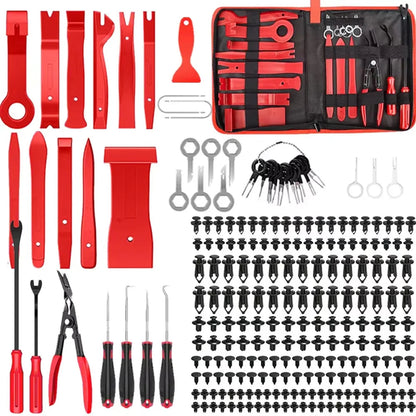 Red complete car trim removal kit contents flat lay: pry tools, picks, pliers, clips, terminals