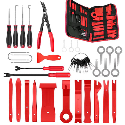 Red large car trim removal kit with picks, clip pliers, pry tools, and open zipper bag