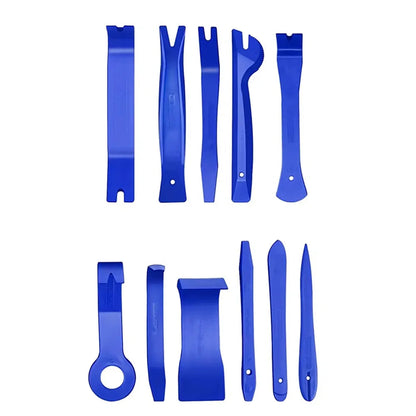 Blue 11-piece plastic car trim pry tool set on white background