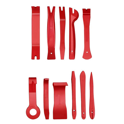 Red 11-piece plastic car trim pry tool set on white background
