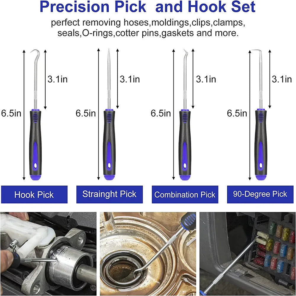 4-piece precision pick and hook set with blue handles: hook, straight, combination, 90-degree, 6.5in