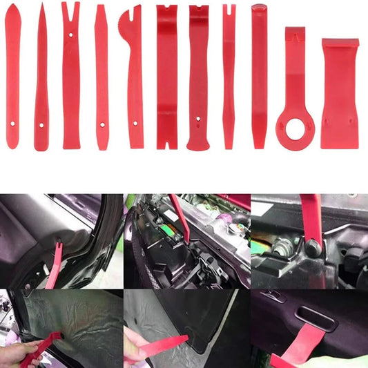 Red 9-piece plastic pry tool set with 5-scene car interior trim removal usage collage