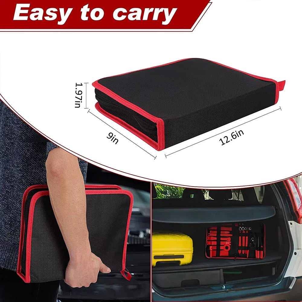 Trim removal tool bag dimensions: 12.6 x 9 x 1.97in, person carrying bag, bag in car trunk