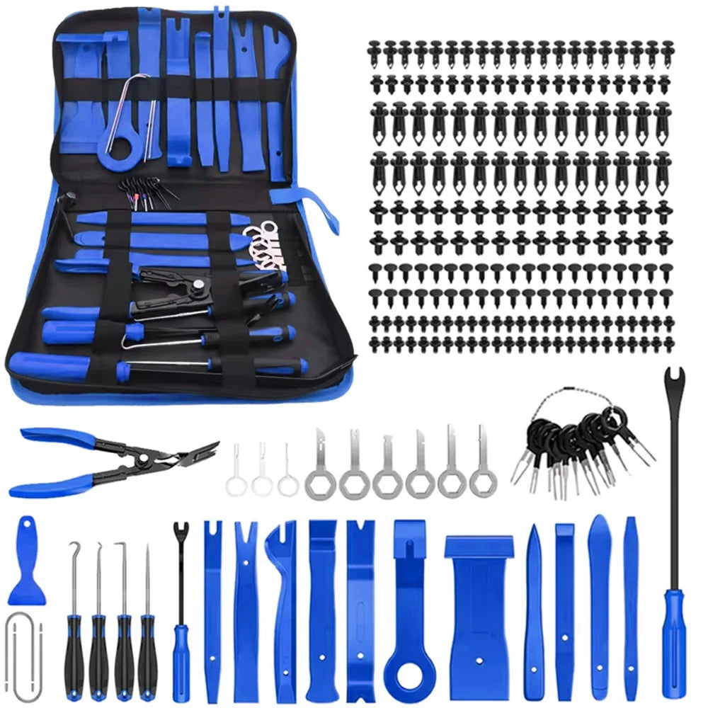 Blue car trim removal tool kit with pry tools, pick set, wire terminals, clips, and zipper bag