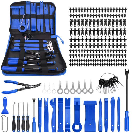 Blue car trim removal tool kit with pry tools, pick set, wire terminals, clips, and zipper bag