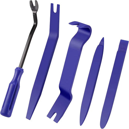 Blue 5-piece plastic pry bar and screwdriver trim removal tool set on white background