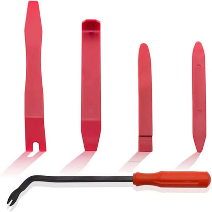 Red 5-piece plastic pry bar and screwdriver trim removal tool set on white background