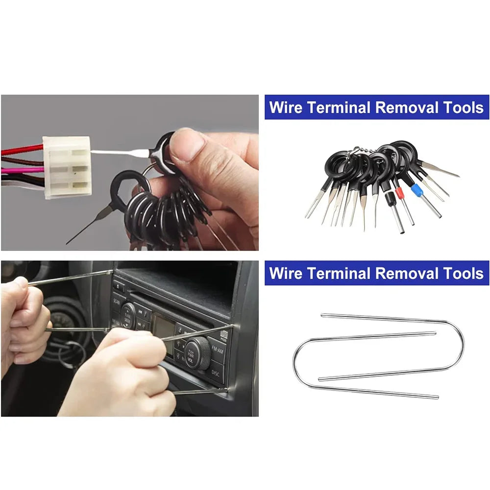 Wire terminal removal tool ring set and radio removal keys with in-use close-up shots