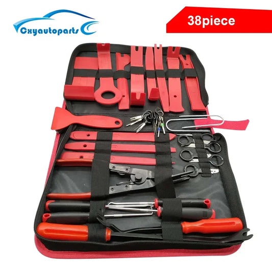 38-piece car trim removal tool kit with pry bars, clip removers, and case