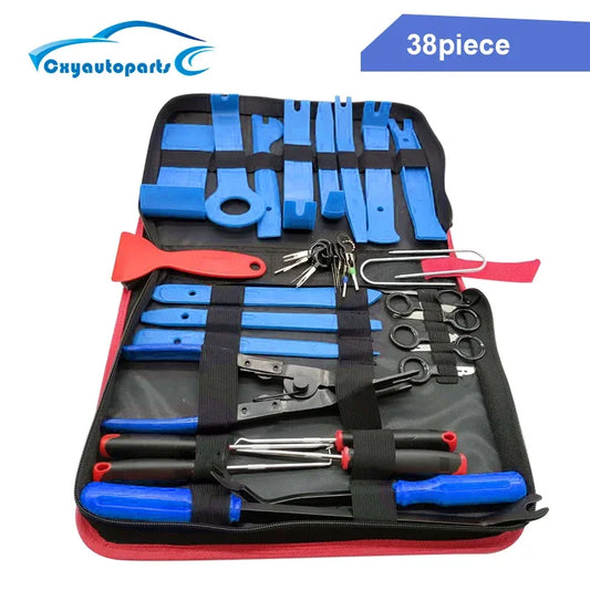 Car interior disassembly tool set stored in a red portable carrying pouch
