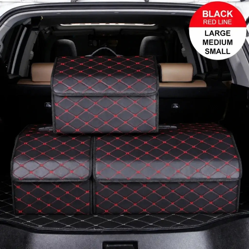 Car trunk storage organizer black with red stitching in 3 sizes small medium large