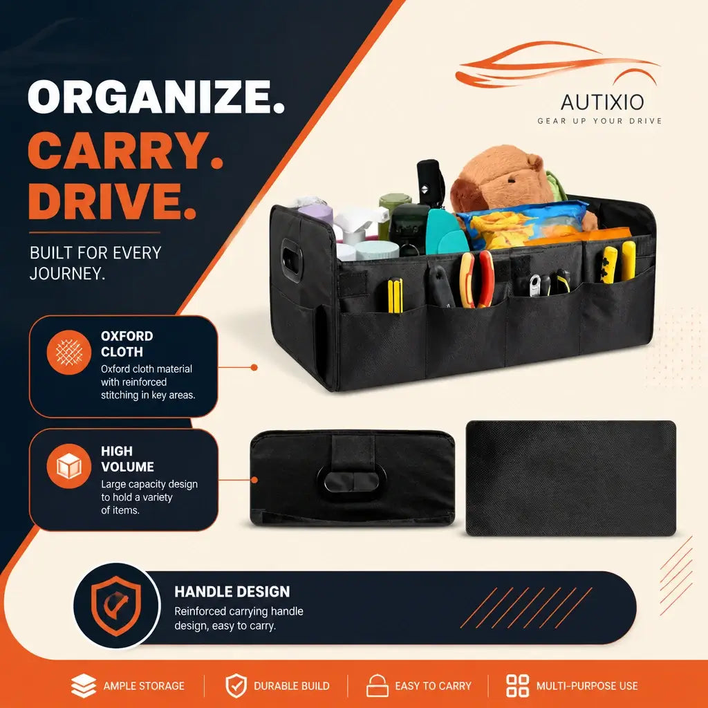 Car trunk organizer with various items and text highlighting features like high volume, Oxford cloth material, and handle design.