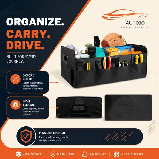 Car trunk organizer with various items and text highlighting features like high volume, Oxford cloth material, and handle design.