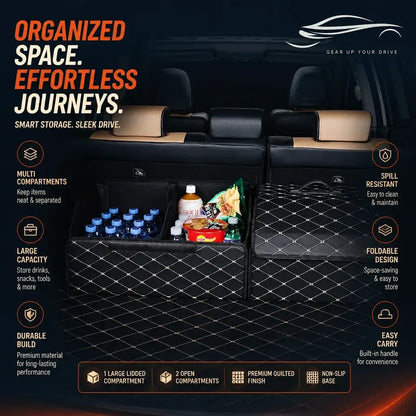 Car trunk organizer open showing multi-compartment storage with water bottles and snacks