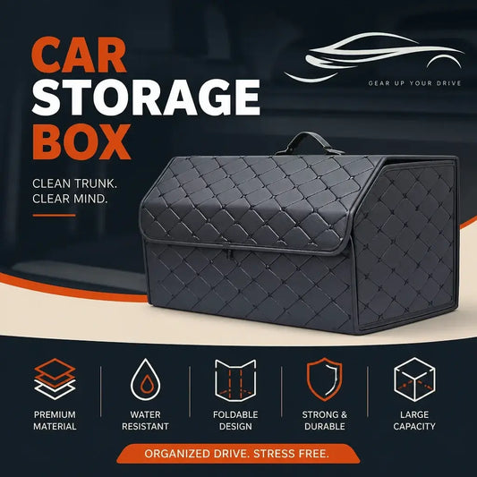 Black PU leather car trunk storage box with foldable lid and large capacity