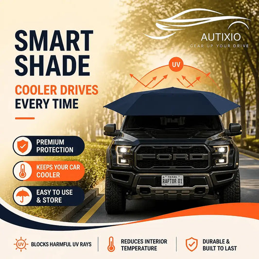 Automatic car umbrella with remote control deployed on Ford SUV blocking UV rays smart shade premium protection keeps car cooler every drive