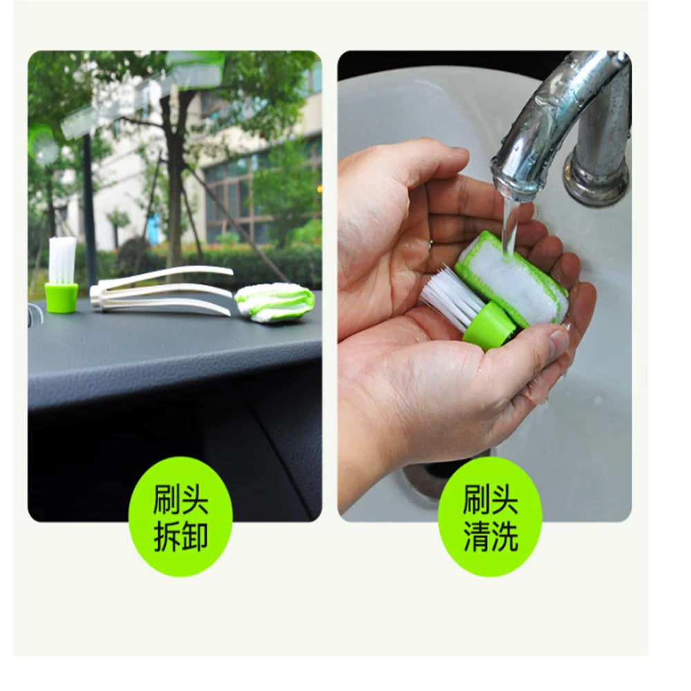 Detachable brush head feature: brush on dashboard and microfiber head being rinsed under tap