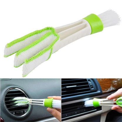 Car vent cleaning brush on white background with two in-use shots cleaning round and slot-style air vents